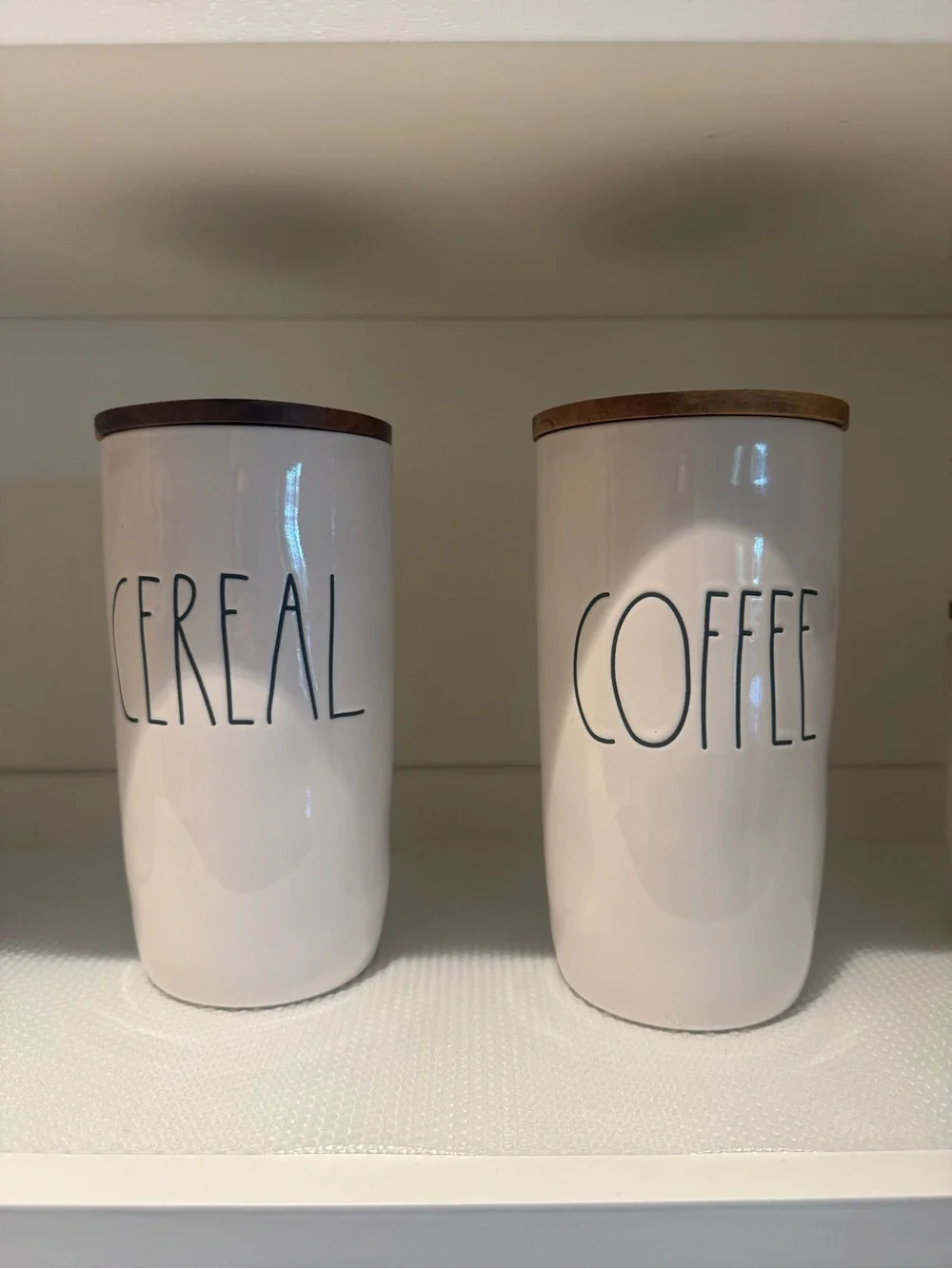 Rae Dunn White Ceramic Pantry Canisters with Wood Lids - CEREAL COFFEE SUGAR